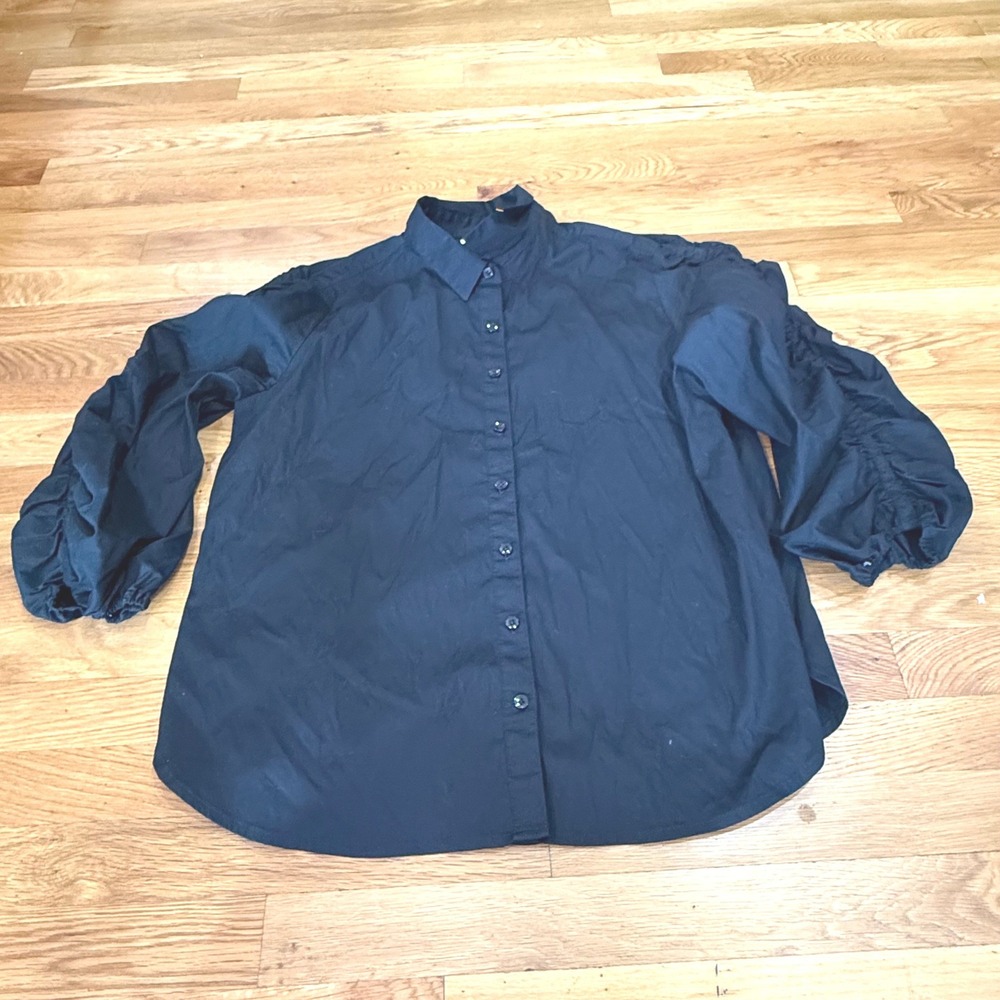 Chicos Black Ruched Puff Sleeve Button Down Shirt Poplin Stretch Size 3 US 16 - Picture 2 of 5